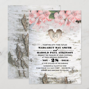 Birch Träd Bark Heart Rustic Landsbyggsbröllop Inbjudningar