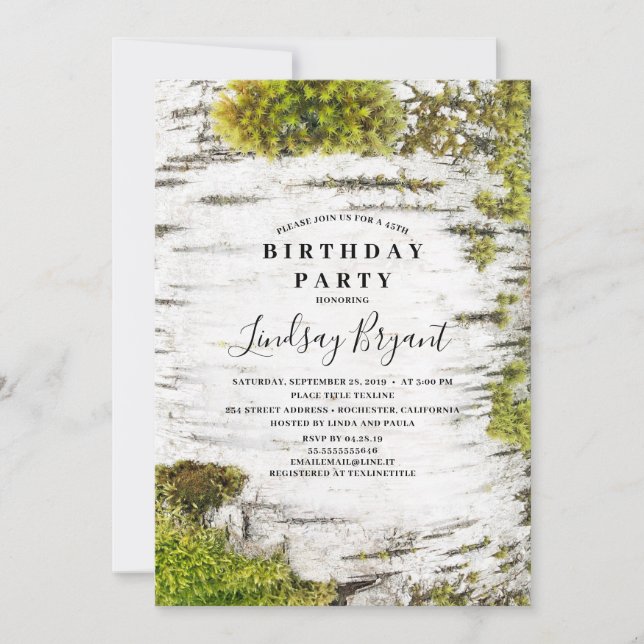 Birch Träd Bark Rustic Woodland Birthday Inbjudningar (Framsida)