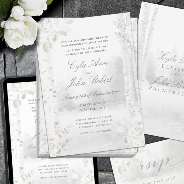 Birch Träd Forest Bröllop Inbjudningar (Birch Tree Forest Wedding Invitation print and digital purchase)