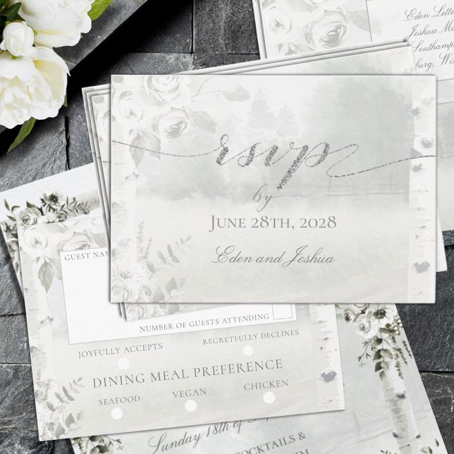 Birch Träd Forest Chuppah Bröllop Meal Choice OSA (Birch Tree Forest Chuppah Wedding RSVP Meal Choice Mail Back Card)