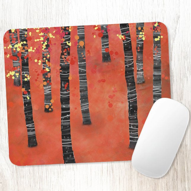 Birch Träd Forest Musmatta (Birch Aspen tree forest abstract red art mousemat)