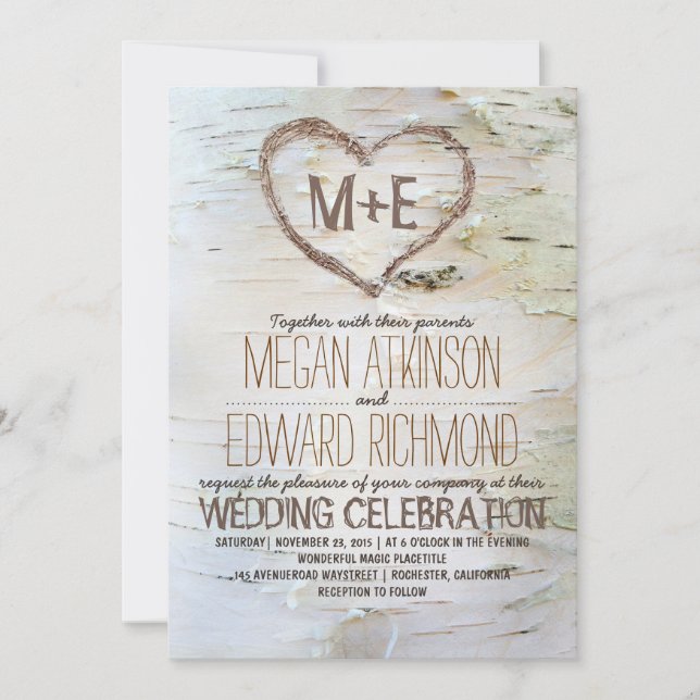 Birch Träd Heart Rustic Fall Wedding Inbjudningar (Framsida)