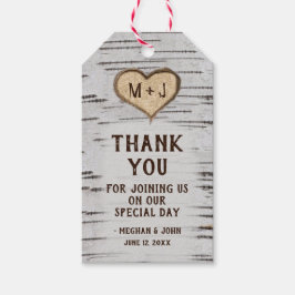 Birch träd hjärta initialer rustic bröllop Tack Presentetikett