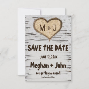 Birch träd hjärta initialer rustic save date inbjudningar