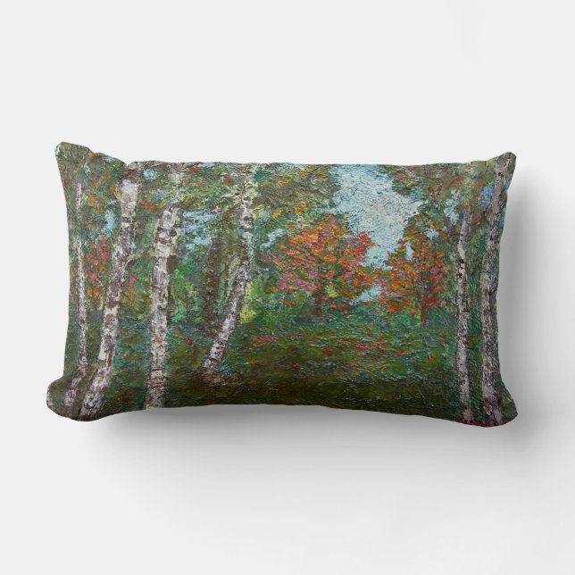 Birch Träd i en Woodland Forest (av Kimon Loghi) Lumbarkudde (Framsida)