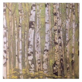 Birch Träd i en Woodland Forest (Roerich) Kakelplatta
