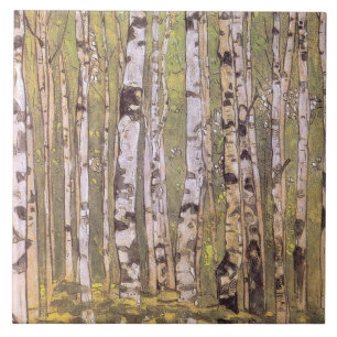 Birch Träd i en Woodland Forest (Roerich) Kakelplatta