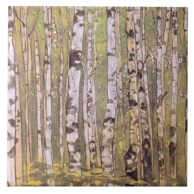 Birch Träd i en Woodland Forest (Roerich) Kakelplatta (Framsidan)