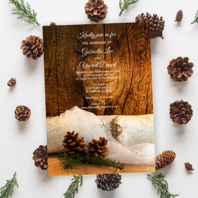 Birch Träd, Möhippa Veil och Barn Wood Bröllop Inbjudningar (Skapare uppladdad)