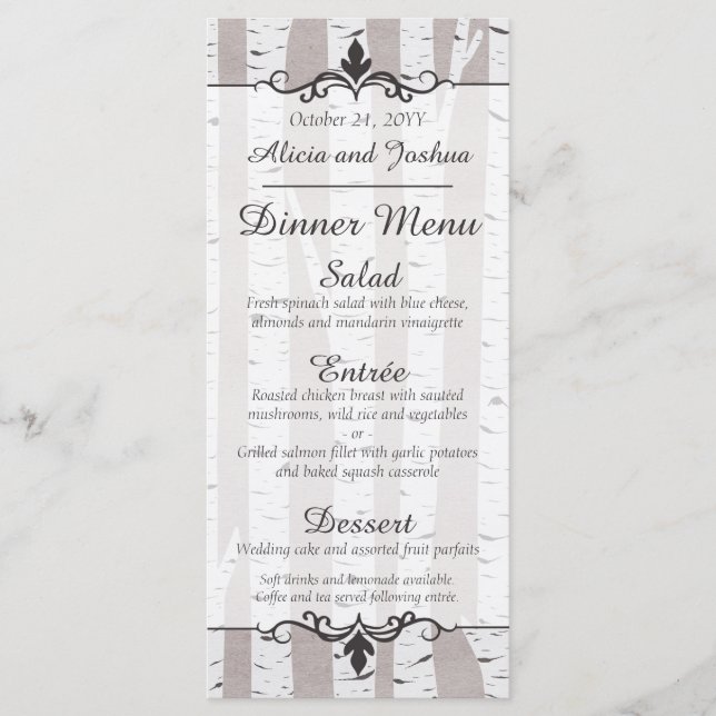 Birch Träd Rustic Nature Bröllop Dinner Menu Meny (Framsida)