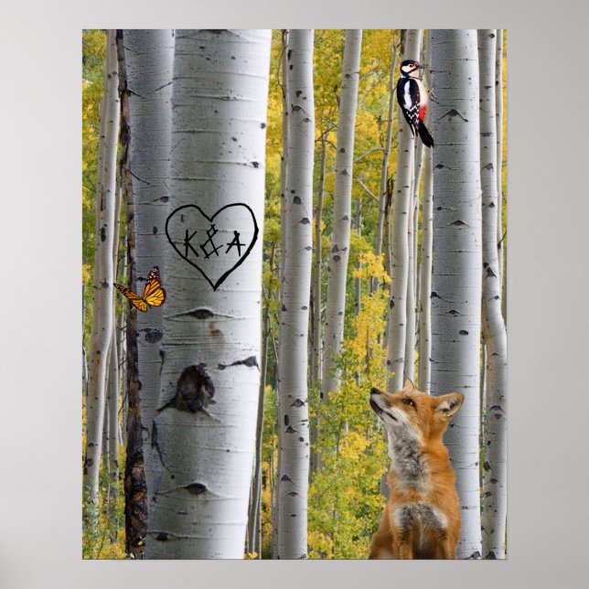 Birch Träd Rustic Personlig Carved med Fox Poster (Framsidan)