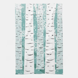 Birch träd snöflingor vinterskog i strimlad kökshandduk