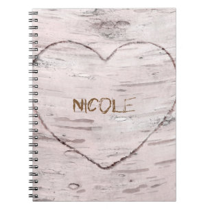 Birch Träd Wood & Heart Rustic Personlig Anteckningsbok Med Spiral