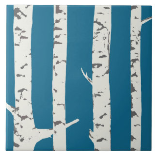 Birch tree on cobalt blue tile kakelplatta