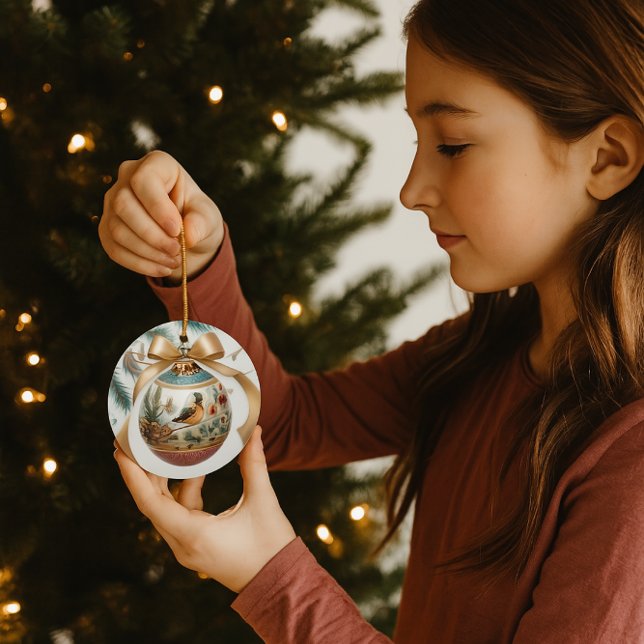 Bird Älskare Keepsaky jul Ornament (Trimming the tree with festive bird ornament with a gold bow)
