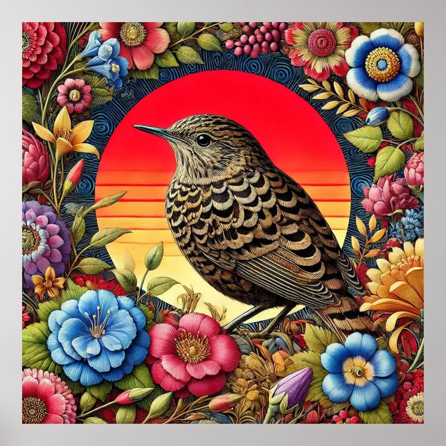 Bird Amid Colorful Flowers Poster (Framsidan)