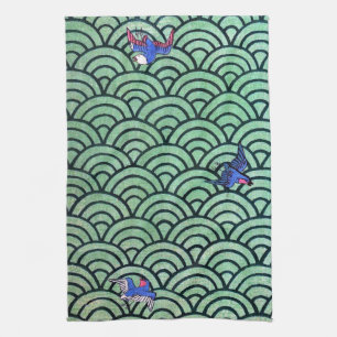 Bird and Wave Mönster, japansk design Kökshandduk