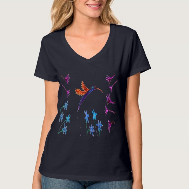 Bird Art Blommigt Hummingbird T-shirt (Framsida)