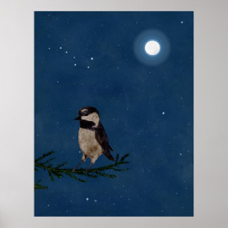 Bird Art, Chickadee, Måne, Stars, Big Dipper,Natt Poster