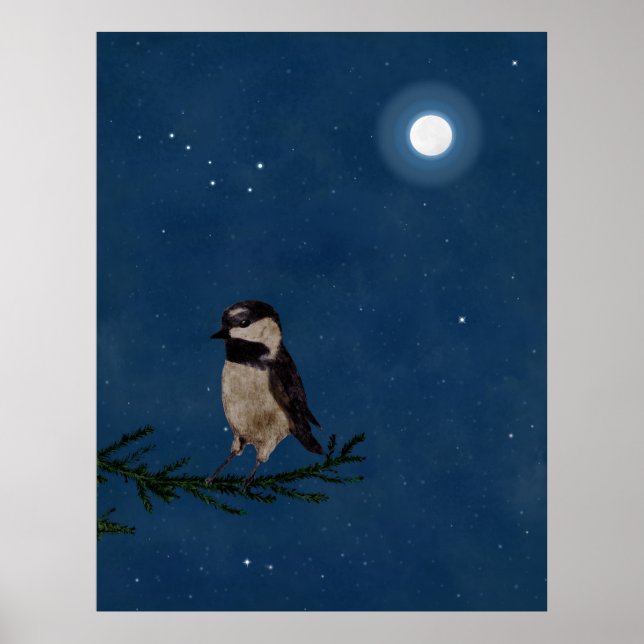 Bird Art, Chickadee, Måne, Stars, Big Dipper,Natt Poster (Framsidan)