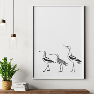 Bird Art Minimalist Teckning i Black and White Poster