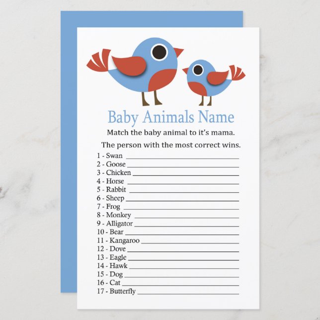 Bird Baby djur Namn Game (Fram/baksida)