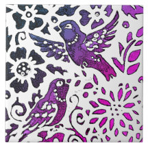 Bird Batik Modern Lila Blue Blommigt Woodland