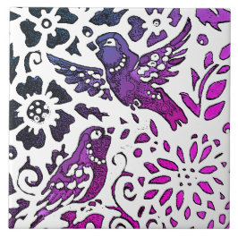 Bird Batik Modern Lila Blue Blommigt Woodland Kakelplatta