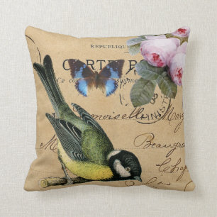 Bird, blå fjäril ro shabby chic kudde