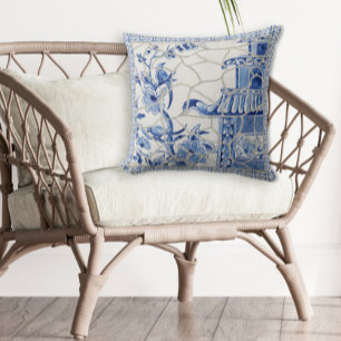 Bird Blommigt Vintage Blue and White Chinoiserie Kudde