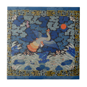 Bird Blue Chinese Embroidery Vintage Kakelplatta