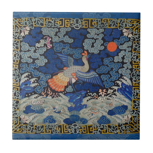 Bird Blue Chinese Embroidery Vintage Kakelplatta (Framsidan)