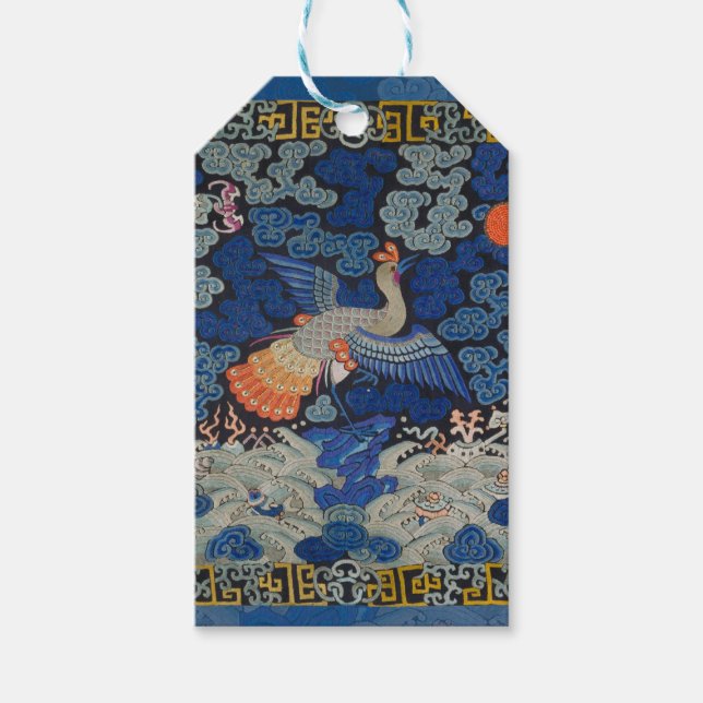 Bird Blue Chinese Embroidery Vintage Presentetikett (Framsidan)