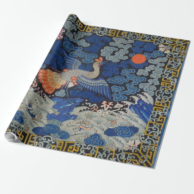 Bird Blue Chinese Embroidery Vintage Presentpapper (Utrullad)