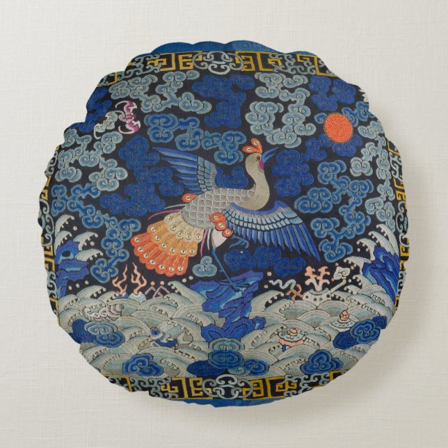 Bird Blue Chinese Embroidery Vintage Rund Kudde (Framsidan)