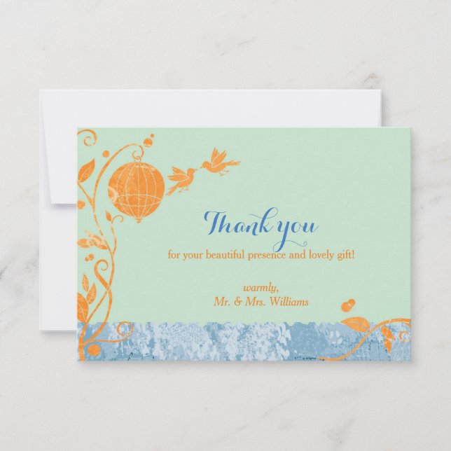 Bird Cage Love birds Mint Grönt Bröllop Tack Kort (Framsida)