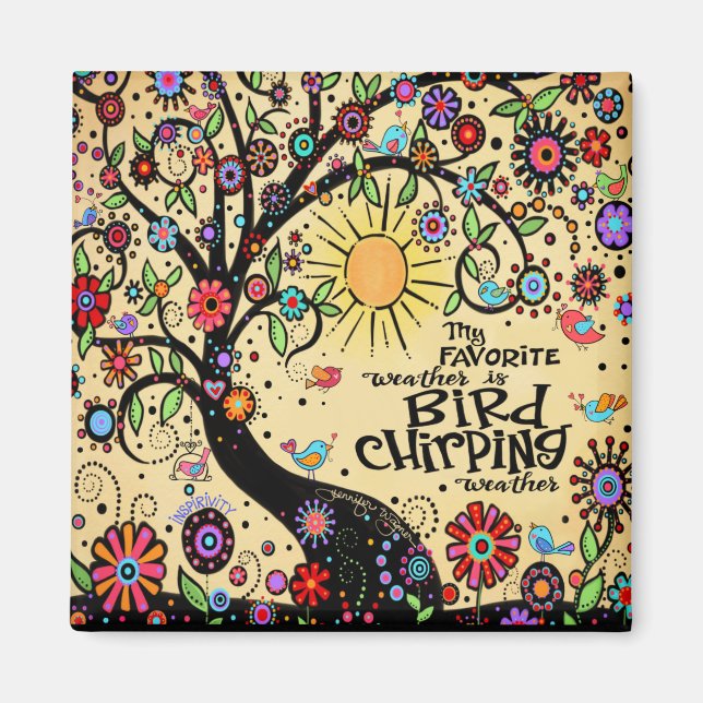 Bird Chirping Weather Cute Whimsical Träd Roligt Magnet (Framsidan)