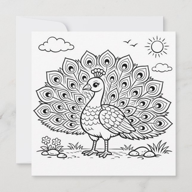 Bird Coloring Page Peacock Flat Card (Framsida)