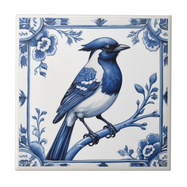 Bird Delft Blue och White Asian Blommigt Kakelplatta (Framsidan)