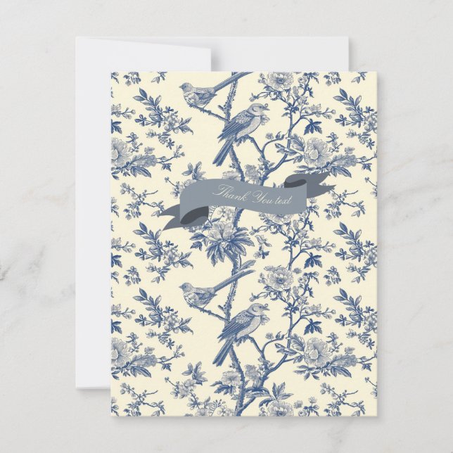 Bird Elegant Blue Toile Peony Blommigt Anteckningskort (Framsida)