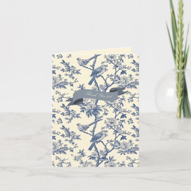 Bird Elegant Blue Toile Peony Blommigt Anteckningskort (Framsida)