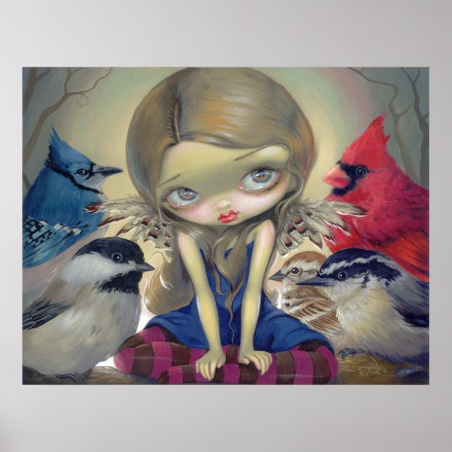 Bird Fairy - Backyard Birds ART PRINT big ögon Poster (Framsidan)