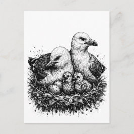 Bird Family Nest – Mythic Ink Illustration Vykort