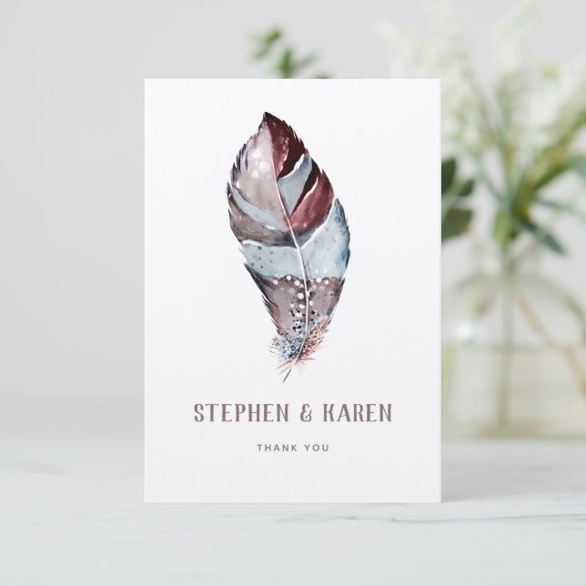 Bird Feather Elegant bröllop Watercolor Tack Kort (Stående Fram)
