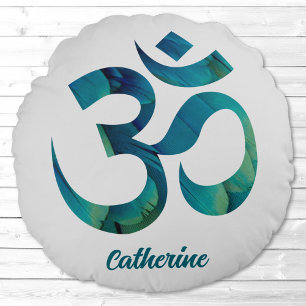 Bird Feathers Om Symbol Meditation Yoga Pillow Rund Kudde