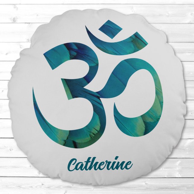 Bird Feathers Om Symbol Meditation Yoga Pillow Rund Kudde (Skapare uppladdad)