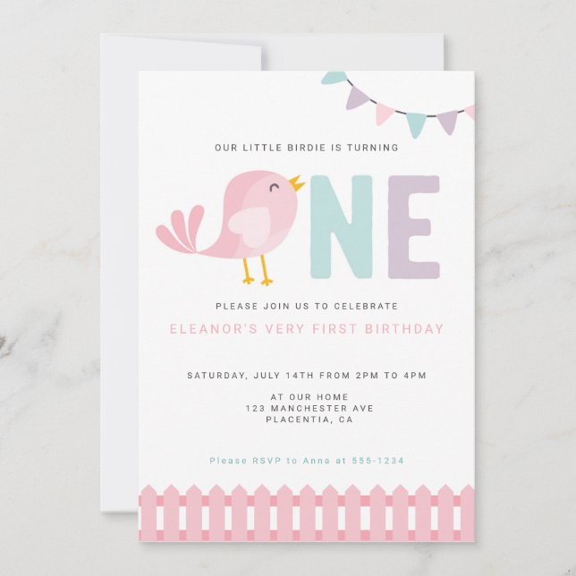 Bird First Birthday Girl Inbjudan Little Birdie (Framsida)