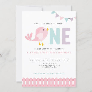 Bird First Birthday Girl Inbjudan Little Birdie
