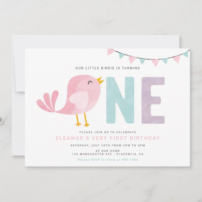 Bird First Birthday Girl Inbjudan Little Birdie (Framsida)