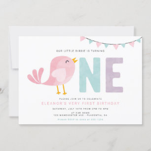 Bird First Birthday Girl Inbjudan Little Birdie